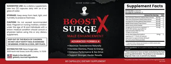 Boost Surge X supplement facts panel showing every dose per 2 capsule serving